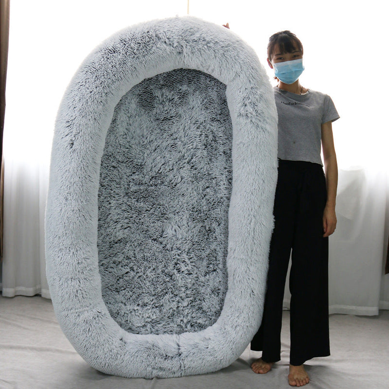 HKM-9108797 Plush Grey Round Dog Bed with Warm Sponge Filling - Cozy Pet Nest for Winter