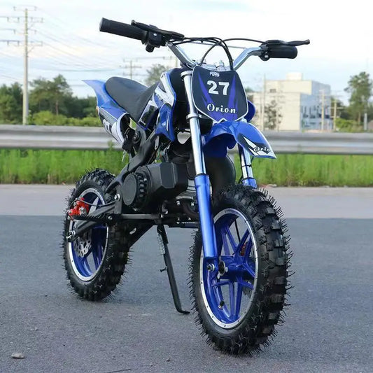 HKM-911123 49cc 2-Stroke Dirt Bike for Kids, Manual Start, Front & Back Disc Brakes, Chain Drive, Suitable for Ages 10+