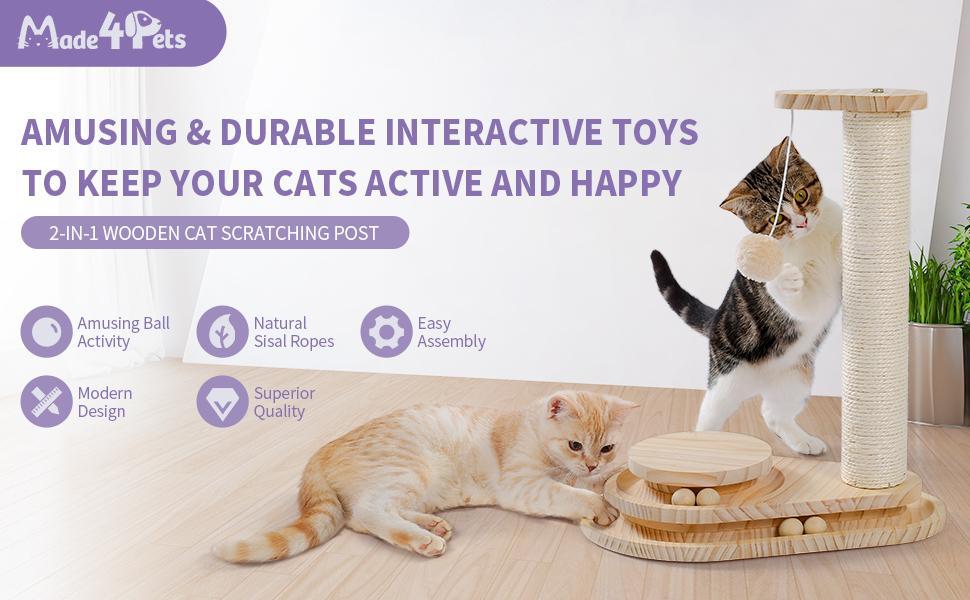 HKM-9115965 Indoor Multi-Activity Cat Playground with Scratch Post, Soft Groomer, and Ball Track