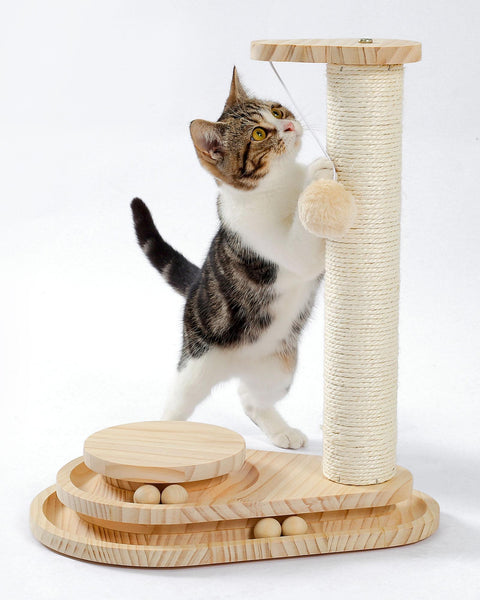 HKM-9115965 Indoor Multi-Activity Cat Playground with Scratch Post, Soft Groomer, and Ball Track