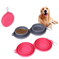 HKM-9116477 Foldable Double Bowl for Dogs and Cats - Portable Collapsible Silicone Feeding Bowl with No-Spill Mat
