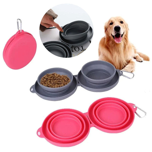 HKM-9116477 Foldable Double Bowl for Dogs and Cats - Portable Collapsible Silicone Feeding Bowl with No-Spill Mat