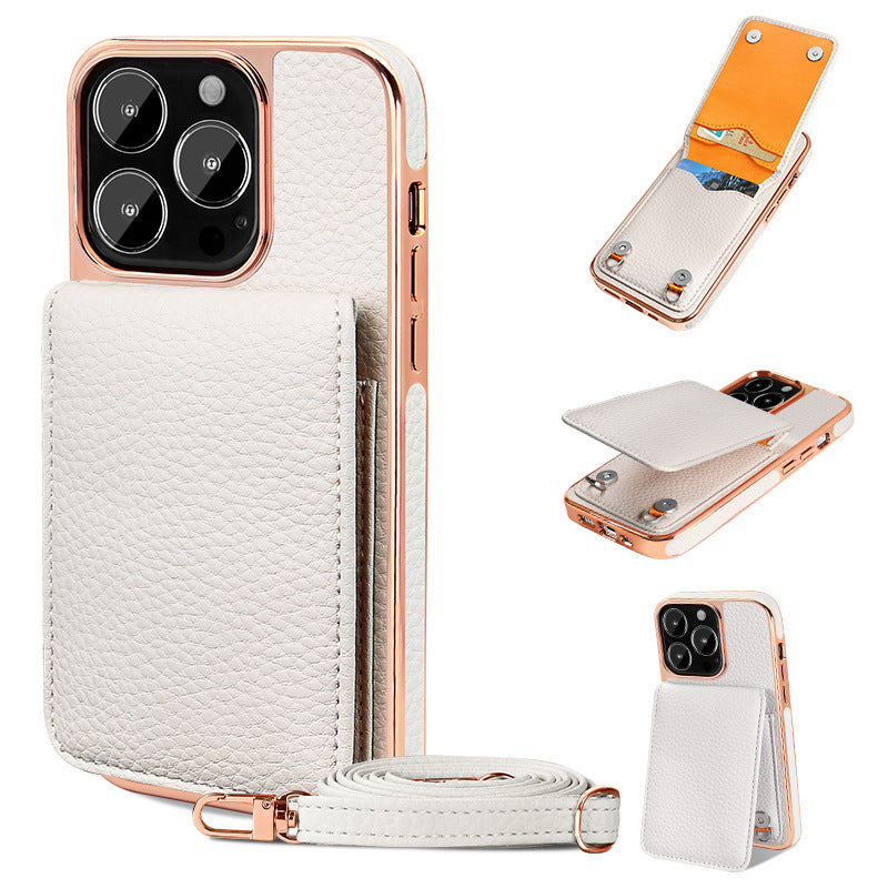 HKM-911955 Litchi Pattern Wallet Lanyard Phone Case for iPhone 14 Series and iPhone 13/12/11 Models