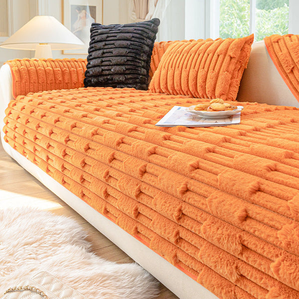 HKM-912083 Rabbit Cashmere Plush Sofa Cushion - Striped Design, Multiple Sizes and Warm Color Options