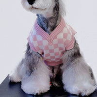 HKM-9124029 Cute Pink Checkerboard Wool Vest for Pets - Stylish & Comfy Pet Sweater in Sizes S-XXL