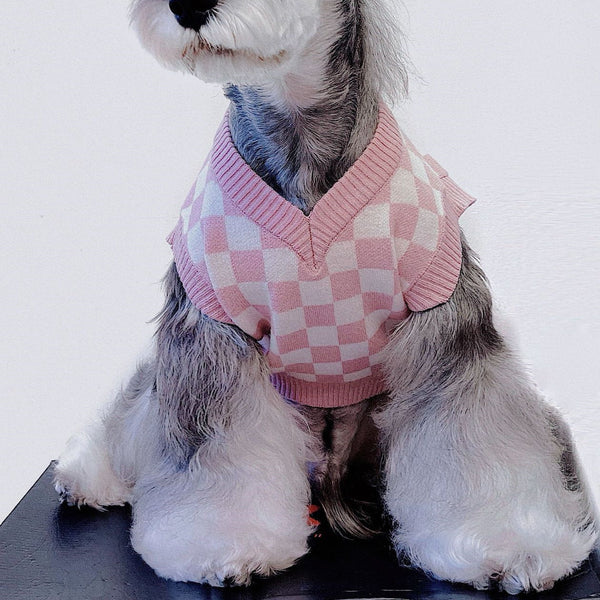 HKM-9124029 Cute Pink Checkerboard Wool Vest for Pets - Stylish & Comfy Pet Sweater in Sizes S-XXL