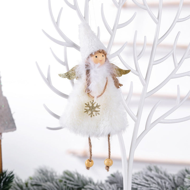 HKM-912467 Plush Girl Doll Christmas Tree Pendant - Soft Fabric Ornament in White, Pink, and Gray, 20x10cm