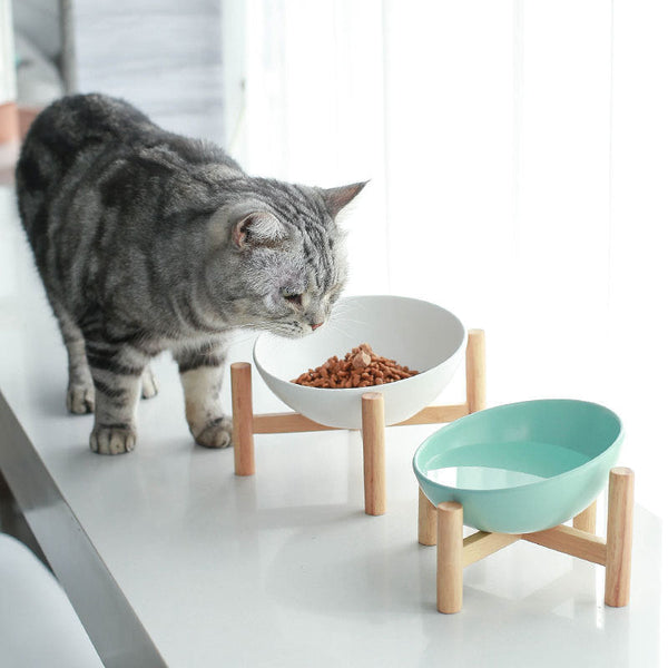 HKM-9126205 Ceramic Pet Bowl with Bamboo Stand - Ergonomic Design for Cats and Dogs