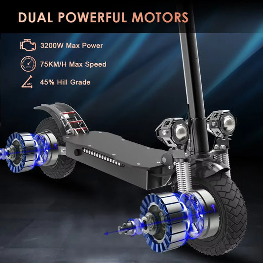 HKM-912723 Dual Motor Electric Scooter, 3200W, 60V, 46MPH, 43-Mile Range, Foldable Design for Adults