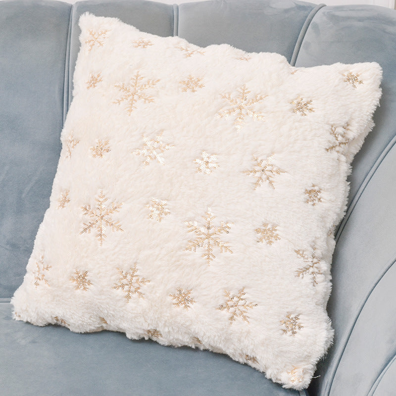 HKM-912915 Plush Snowflake Sequin Rabbit Hair Pillow Cover - Decorative Cushion Cover in Gold and Silver 45x45cm