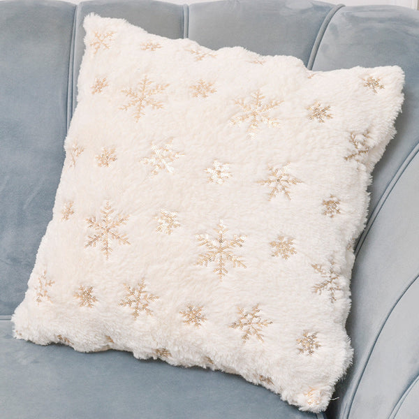 HKM-912915 Plush Snowflake Sequin Rabbit Hair Pillow Cover - Decorative Cushion Cover in Gold and Silver 45x45cm