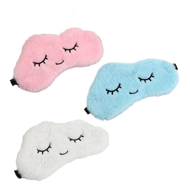 HKM-913683 Soft Plush Cartoon Blindfold in Cherry Blossom Pink, Sky Blue, and White Clouds