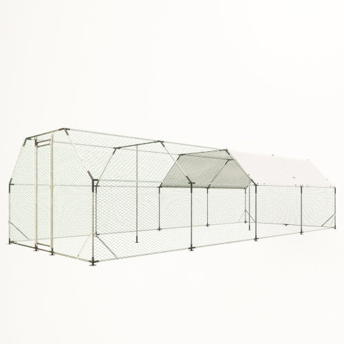 HKM-9139133 Large Metal Walk-In Chicken Coop Cage - 9.94 ft x 25.68 ft Poultry Run with Waterproof Tarp and Lockable Doors