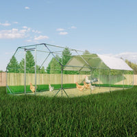 HKM-9139133 Large Metal Walk-In Chicken Coop Cage - 9.94 ft x 25.68 ft Poultry Run with Waterproof Tarp and Lockable Doors