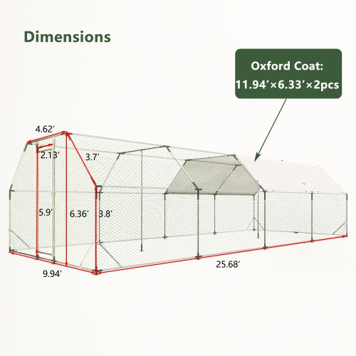 HKM-9139133 Large Metal Walk-In Chicken Coop Cage - 9.94 ft x 25.68 ft Poultry Run with Waterproof Tarp and Lockable Doors
