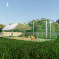 HKM-9139133 Large Metal Walk-In Chicken Coop Cage - 9.94 ft x 25.68 ft Poultry Run with Waterproof Tarp and Lockable Doors