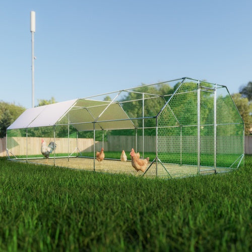 HKM-9139133 Large Metal Walk-In Chicken Coop Cage - 9.94 ft x 25.68 ft Poultry Run with Waterproof Tarp and Lockable Doors
