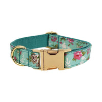 HKM-9139517 Rose Dog Collar Set with Green Background, Detachable Bow and Leash