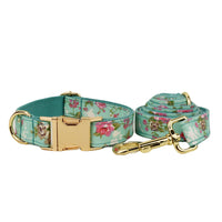 HKM-9139517 Rose Dog Collar Set with Green Background, Detachable Bow and Leash