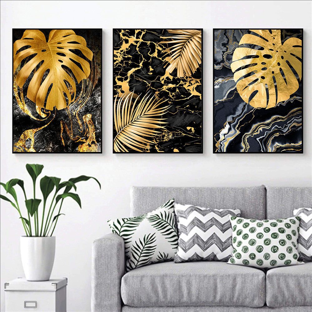 HKM-914003 Black Gold Marble Tropical Plants Canvas Art - Modern Rectangular Painting