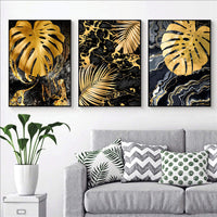 HKM-914003 Black Gold Marble Tropical Plants Canvas Art - Modern Rectangular Painting