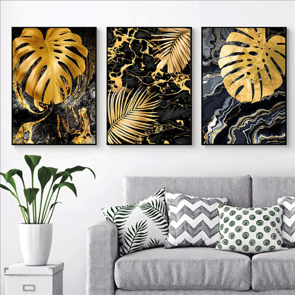 HKM-914003 Black Gold Marble Tropical Plants Canvas Art - Modern Rectangular Painting