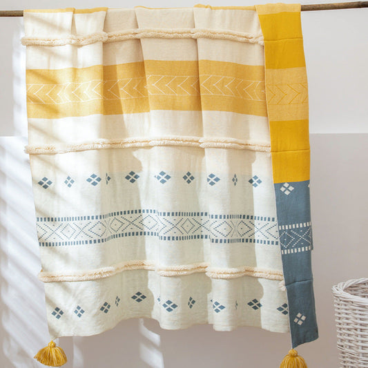 HKM-914003 Cotton Stripe Tassel Blanket for Spring and Autumn, 130x170cm, Muman-Yellow and Muman-Gray Options