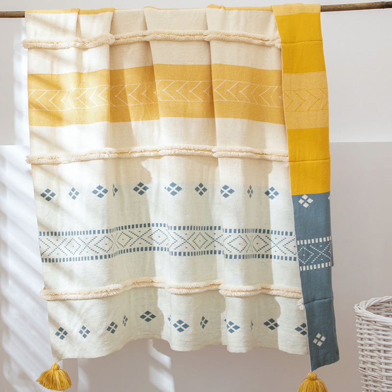 HKM-914003 Cotton Stripe Tassel Blanket for Spring and Autumn, 130x170cm, Muman-Yellow and Muman-Gray Options