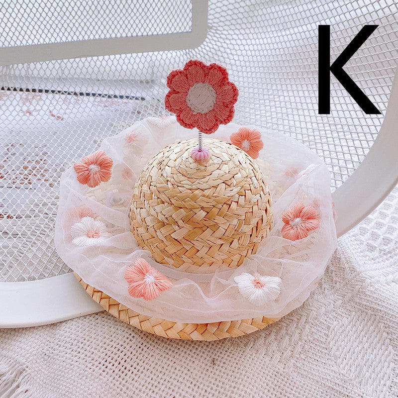 HKM-9142333 Cute Knitted Straw Hat with Flowers for Dogs and Cats - Multiple Sizes Available