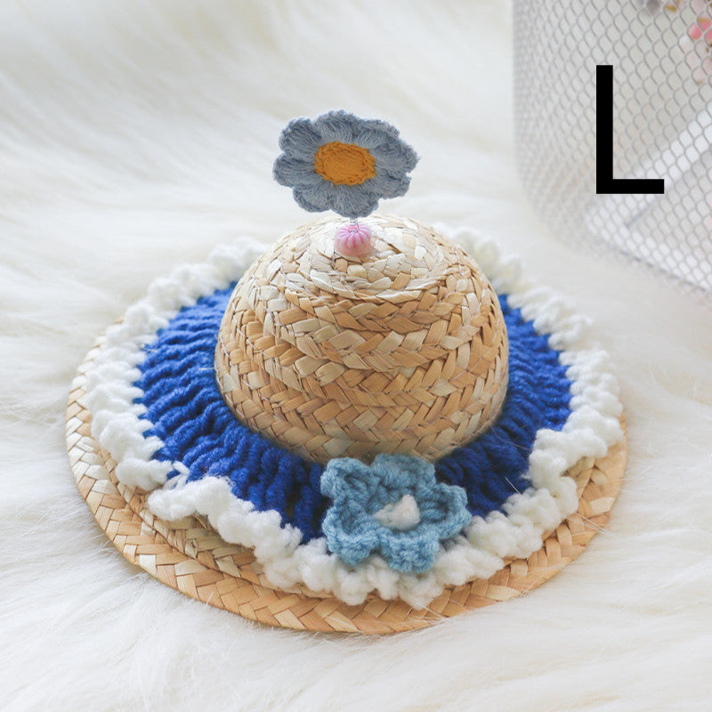 HKM-9142333 Cute Knitted Straw Hat with Flowers for Dogs and Cats - Multiple Sizes Available