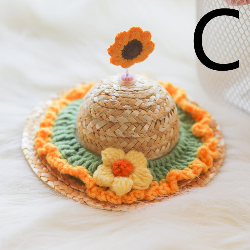HKM-9142333 Cute Knitted Straw Hat with Flowers for Dogs and Cats - Multiple Sizes Available