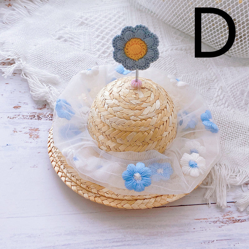 HKM-9142333 Cute Knitted Straw Hat with Flowers for Dogs and Cats - Multiple Sizes Available