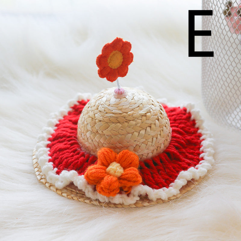 HKM-9142333 Cute Knitted Straw Hat with Flowers for Dogs and Cats - Multiple Sizes Available
