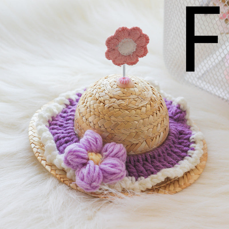 HKM-9142333 Cute Knitted Straw Hat with Flowers for Dogs and Cats - Multiple Sizes Available