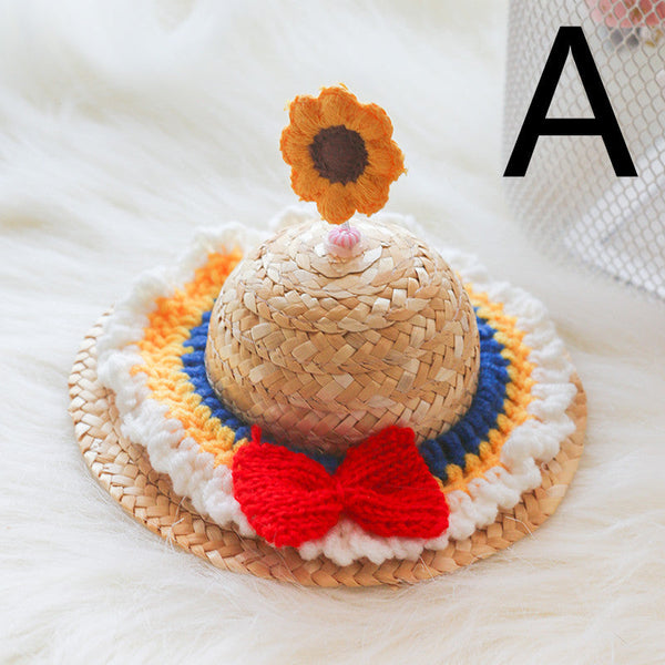 HKM-9142333 Cute Knitted Straw Hat with Flowers for Dogs and Cats - Multiple Sizes Available