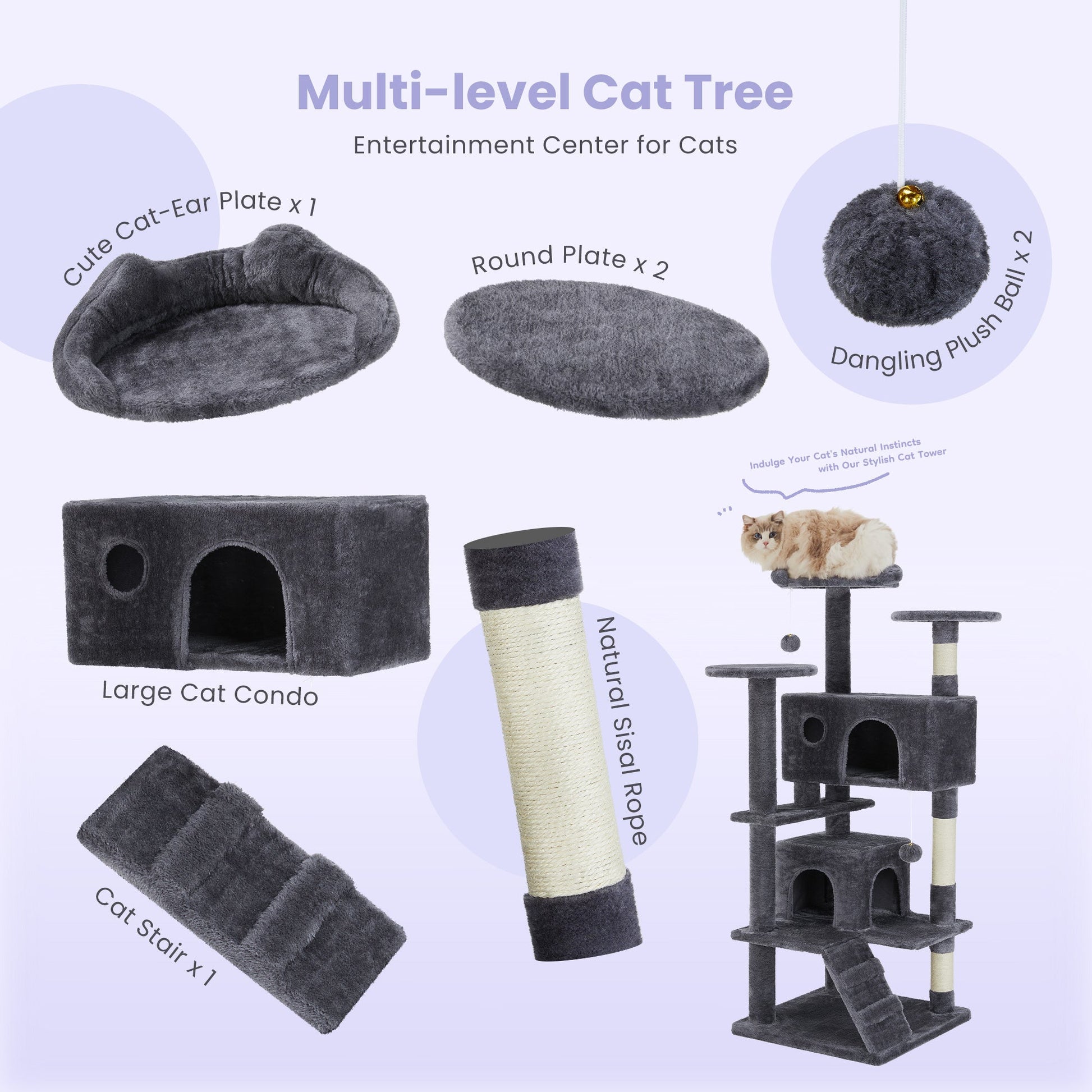 HKM-9146557 Multi-Level Large Cat Tree Tower with Scratching Post and Cozy Jumping Platform, 80-Inch, Grey