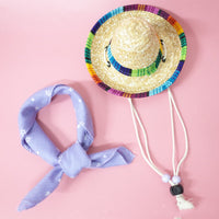 HKM-9147453 Colorful Straw Hat with Stylish Cotton Scarf for Pets - Multiple Plaid Options Available