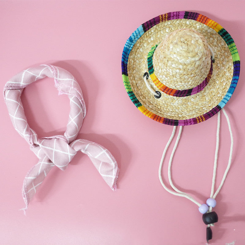 HKM-9147453 Colorful Straw Hat with Stylish Cotton Scarf for Pets - Multiple Plaid Options Available