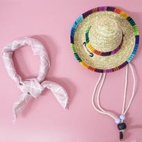 HKM-9147453 Colorful Straw Hat with Stylish Cotton Scarf for Pets - Multiple Plaid Options Available