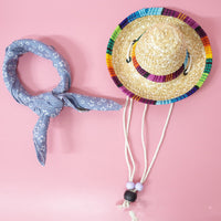 HKM-9147453 Colorful Straw Hat with Stylish Cotton Scarf for Pets - Multiple Plaid Options Available
