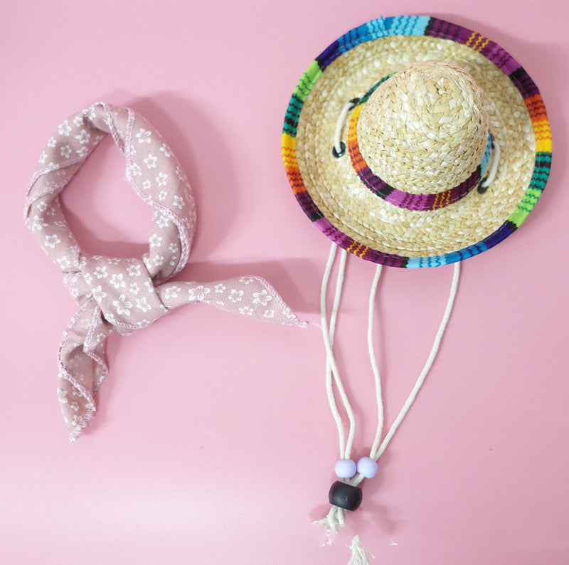 HKM-9147453 Colorful Straw Hat with Stylish Cotton Scarf for Pets - Multiple Plaid Options Available
