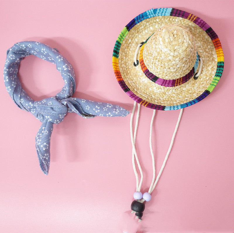 HKM-9147453 Colorful Straw Hat with Stylish Cotton Scarf for Pets - Multiple Plaid Options Available