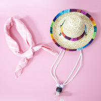 HKM-9147453 Colorful Straw Hat with Stylish Cotton Scarf for Pets - Multiple Plaid Options Available