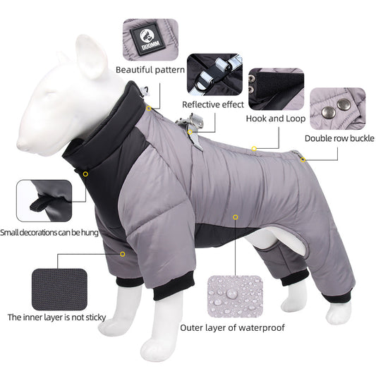 HKM-9147709 Winter Thicken Four-Legged Dog Clothing in Multiple Colors with Reflective Rope Options
