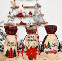 HKM-914771 Festive Christmas Wine Bottle Set in Linen Cloth - 36CM Length, 15CM Width