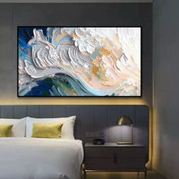 HKM-915091 Handmade Abstract Seascape Oil Painting in Green, Blue, and White – Canvas Wall Art for Home Décor