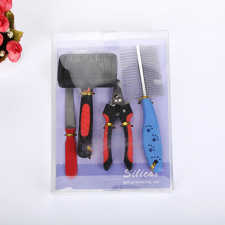 HKM-9154621 4-Piece Cat and Dog Grooming Set with Double-Sided Long Needle Comb and Nail Clippers