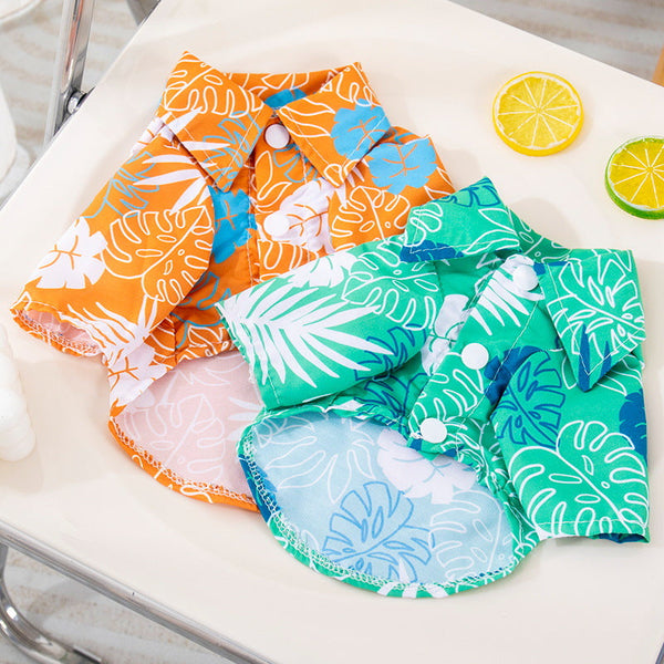 HKM-9162557 Tropical Leaf Print Pet Shirt for Beach Days in Orange and Green