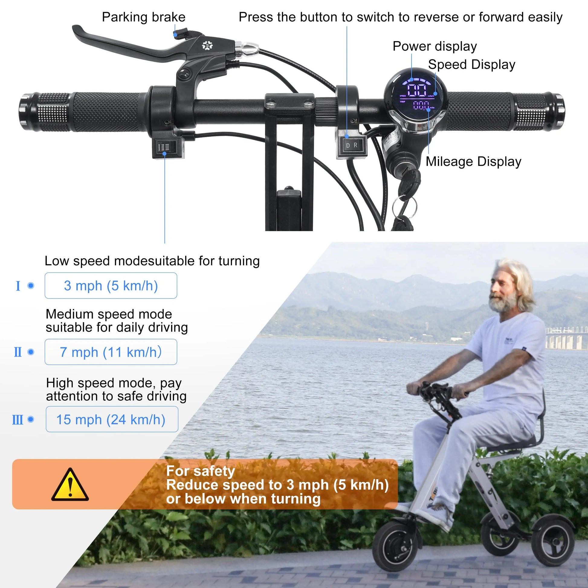 HKM-916499 Folding Electric Tricycle Mobility Scooter with Backrest Seat for Adults, Lightweight and Removable Battery