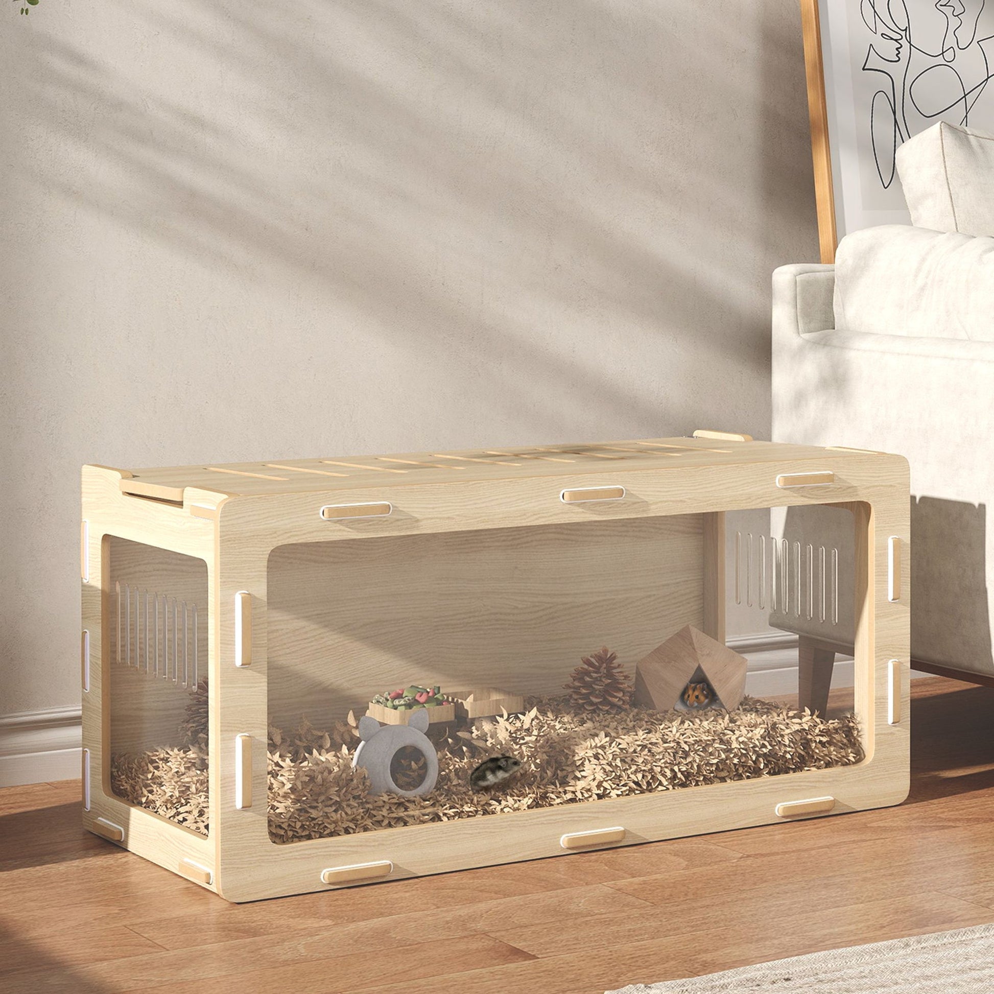 HKM-9173949 Acrylic View Hamster Cage with Openable Roof, Air Vents & Spacious Design for Small Pets - Oak Finish, 39 x 20 x 18.5 Inches